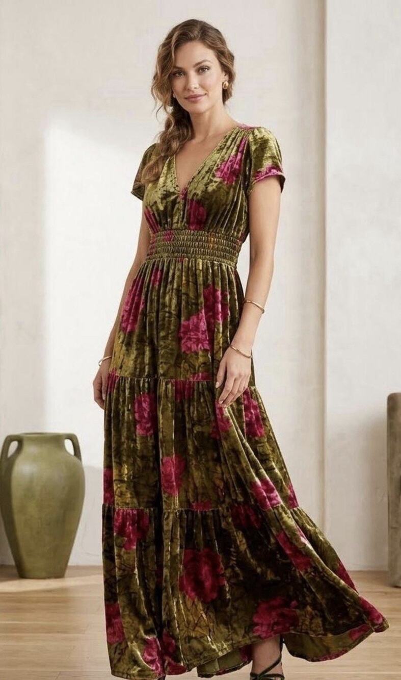by Anthropologie The Somerset Maxi in Green Floral Velvet Edition Dress Sz XL